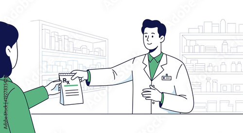 Pharmacist handing prescription bag to customer in pharmacy with shelves of medicine