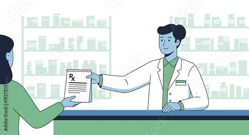 Pharmacist Handing Prescription to Customer in Pharmacy