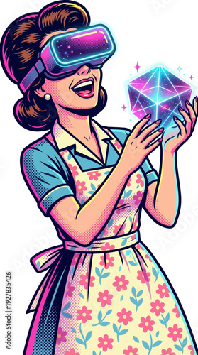 Retro 1950s housewife wearing futuristic VR headset holding glowing digital polygon concept vector