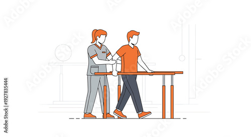 Physical therapist assisting patient walking with parallel bars for rehabilitation