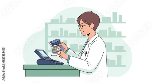 Pharmacist Scanning Prescription at Counter with Shelves of Medicine Bottles