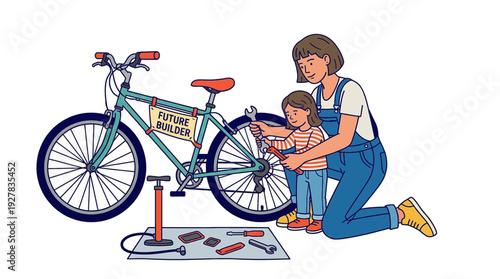 Mother and little daughter fixing bicycle together, women empowerment and future builder concept vector