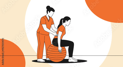 Physical Therapist Helps Patient With Exercise Ball Training for Rehabilitation