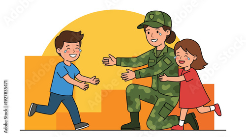 Military mother returning home hugging her happy crying children, soldier family reunion concept flat vector