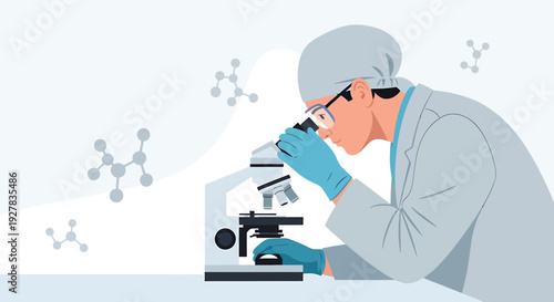Scientist in Lab Coat Using Microscope for Medical Research and Scientific Discovery