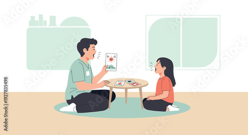 Speech therapist teaching child with flashcards, communication development, healthcare
