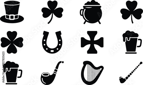St Patricks Silhouette Icon Vector Set Saint Patrick Typography Silhouette Icon Pack