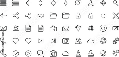 Minimal User Interface Icon Set Featuring Navigation Media Communication Security and System Controls for Mobile Apps Websites and Software Dashboards