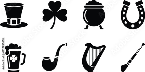 St Patricks Silhouette Icon Vector Set Saint Patrick Typography Silhouette Icon Pack
