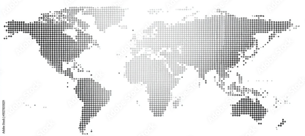 Fototapeta premium A world map rendered with varying shades of gray dots, creating continents and oceans