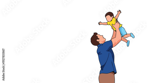 Joyful Father Lifting Young Son Up in the Air Illustration on White Background