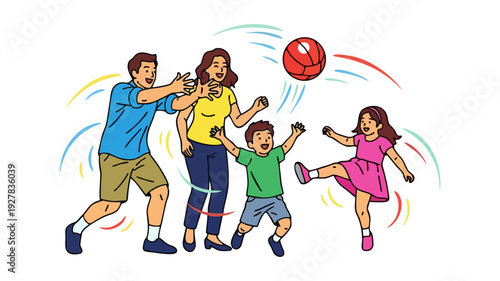 Happy Family Playing Soccer Ball Together Outdoors Illustration