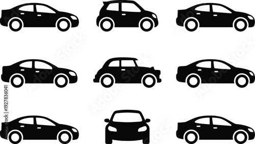 Car Silhouette Vector Collection of Modern Sedan and Hatchback Vehicles Isolated on White Background Transportation Icon Set
