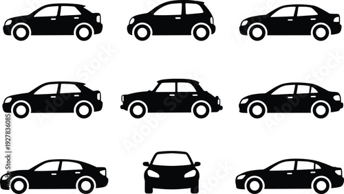 Car Silhouette Vector Set of Modern Sedan and Hatchback Vehicles Isolated on White Background Transportation Icon Collection