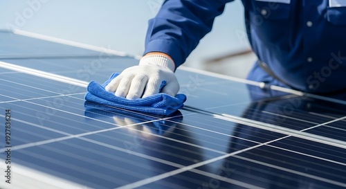 Worker cleaning solar panels with a blue cloth for optimal energy production.