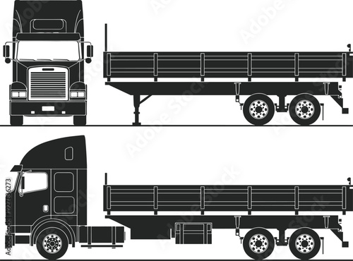 Flatbed Semi Truck and Cargo Trailer Silhouette Vector with Front and Side Views Isolated on White Background Transport Illustration