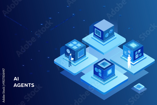 Isometric illustration depicting ai agents and abstract data cube structures
