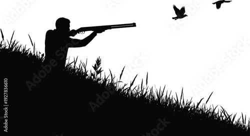 Hunter Silhouette Shooting Shotgun at Flying Ducks in Marsh Grass Landscape, Black Vector Wildlife Hunting Illustration Isolated on White Background