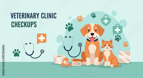 Veterinary clinic checkups with happy dog and cat cartoon characters
