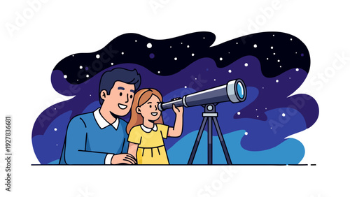 Father and Daughter Stargazing with Telescope Under Night Sky Illustration