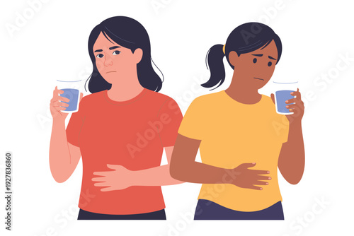 Woman holding a glass of water with a stomachache vector illustration