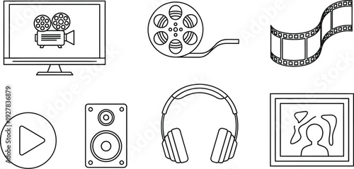 Collection of minimalist black and white outline icons representing various media elements for creative entertainment.