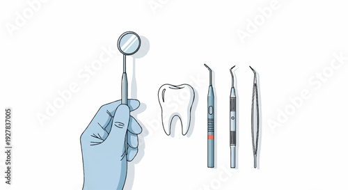 Dentist's hand holding dental mirror with tooth and various dental instruments on white background for oral hygiene and healthcare concepts