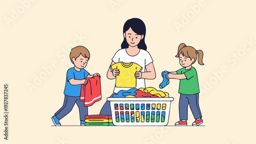 Mother and Children Folding Laundry Together Family Household Chore Illustration