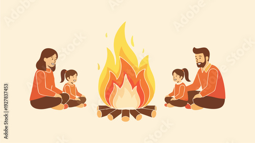 Happy Family Sitting Around a Bright Campfire Outdoors Illustration