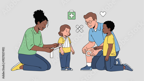 Diverse Family Providing First Aid and Care for Injured Children with Bandages and Sling Illustration