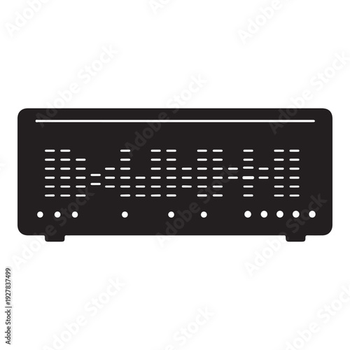 Black electronic device with perforations and holes on front panel  isolated on white background