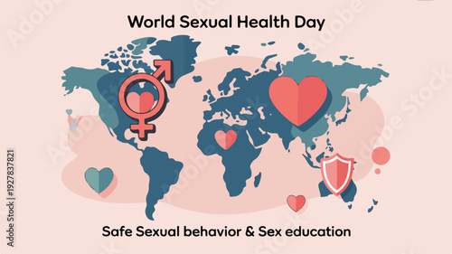 World Sexual Health Day Concept with Global Map and Symbols for Safe Sexual Behavior and Sex Education