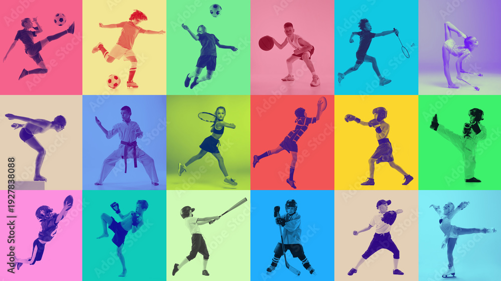 Fototapeta premium Bright duotone kids sports composition in colorful grid layout with expressive studio action poses. Concept of active youth lifestyle, multi sport training and modern children fitness branding.