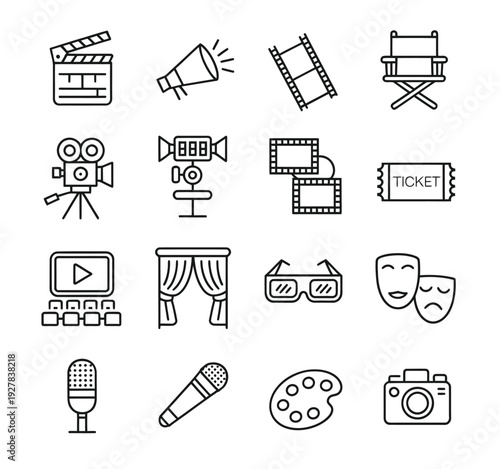 Collection of black and white line icons representing various elements of performing arts