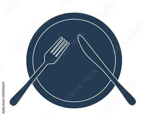 "Still eating" etiquette sign icon with plate and cutlery (silhouette, navy blue, restaurant, manner)