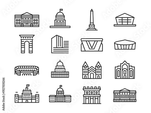 Line art illustrations depicting iconic landmarks and architectural structures