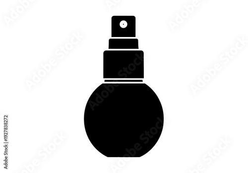 Black silhouette icon of a round perfume spray bottle. Vector graphic illustration of a fragrance atomizer symbol isolated for design mockup