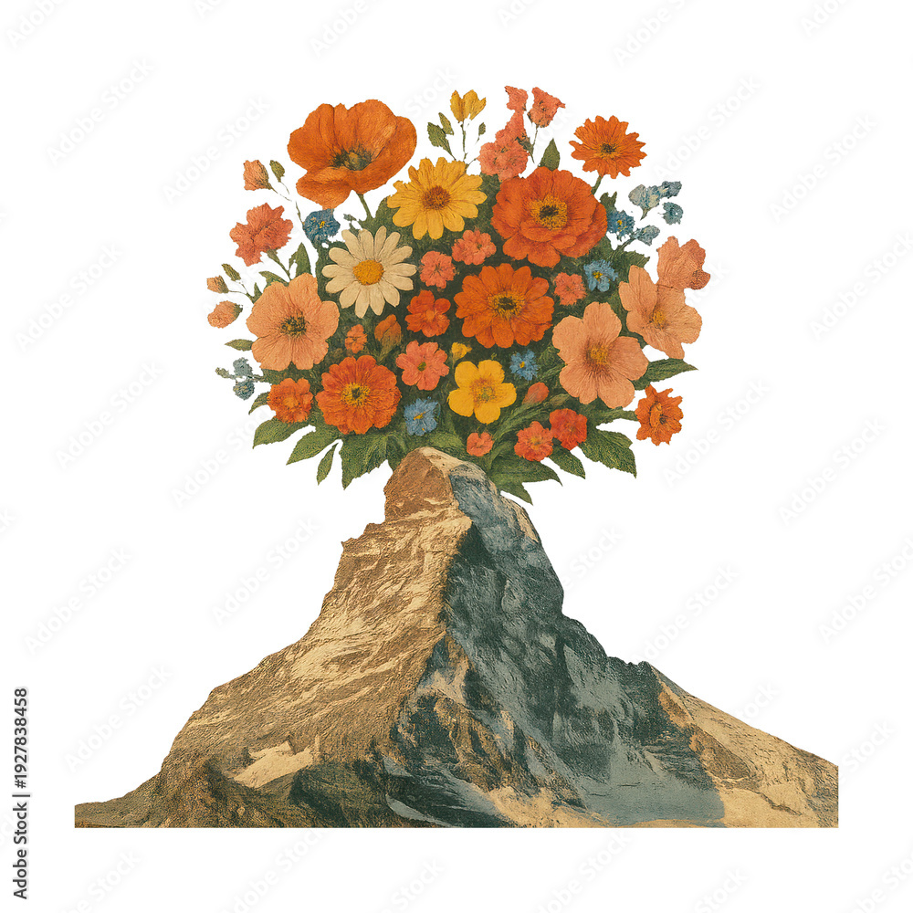 Fototapeta premium PNG Floral explosion atop mountain.