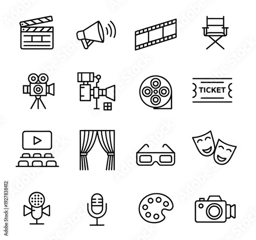 Collection of black and white line icons representing various cinema and film elements