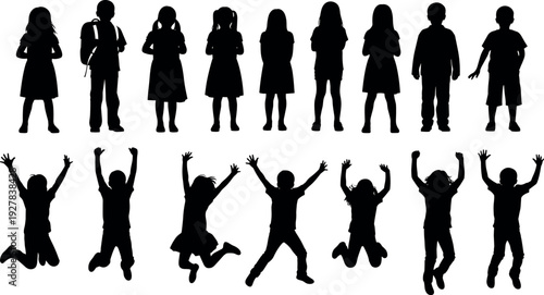Black vector silhouettes of happy young school children standing together and energetic kids jumping playfully isolated on white background illustration.