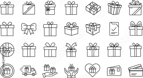 Gift Box Outline Icon Set with Wrapped Presents, Bows, Surprise Packages, and Delivery Symbols for Holidays, Shopping, E-Commerce, and Celebration Designs