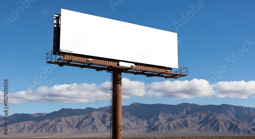 Large-scale advertising board with an empty white canvas standing in a flat desert area near mountain ridges.