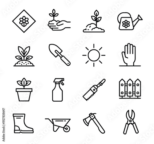 Gardening icons depicting plants tools and elements for outdoor cultivation