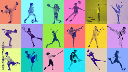 Obraz na płótnie Vibrant duotone kids sports collage in bold color blocks with energetic studio action poses