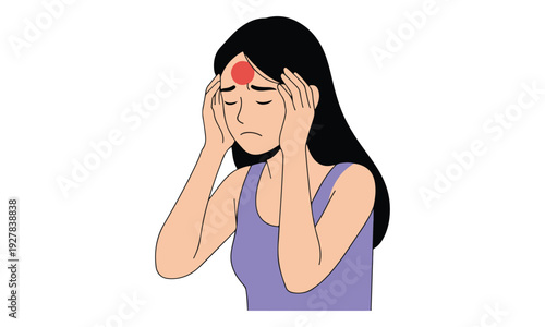 Headache pain: Woman holding temples with red spot on forehead