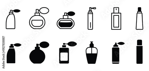 cosmetic bottle and container icon set in line art and solid black silhouette styles, featuring spray pump and perfume atomizer packaging design.