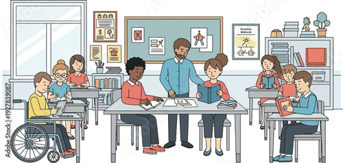 Teacher assists diverse students in a bright modern classroom environment.