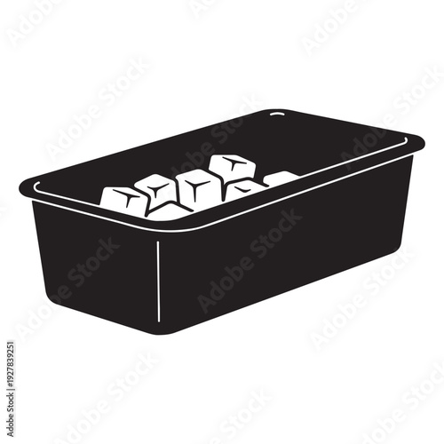 Black plastic container with ice cubes inside on white background  ice cube tray
