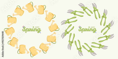 Two circular spring wreaths featuring yellow watering cans and green pruning shears arranged around central text HAPPY Spring in decorative script, cheerful gardening design for seasonal projects