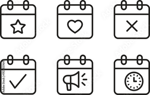 Calendar and event planning outline icons. Appointment schedule, reminder, and notification. Vector illustration